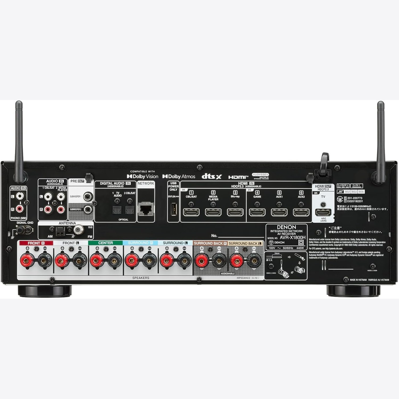 Winner pick: Denon AVR-X1800H rear panel showing discrete speaker and HDMI connectivity