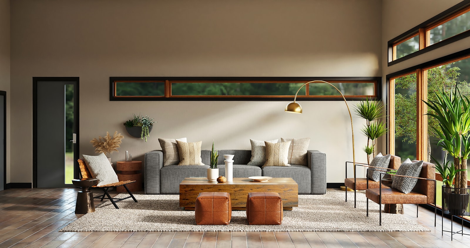 Bright modern living room with sofa, chairs, coffee table, and clear walkways